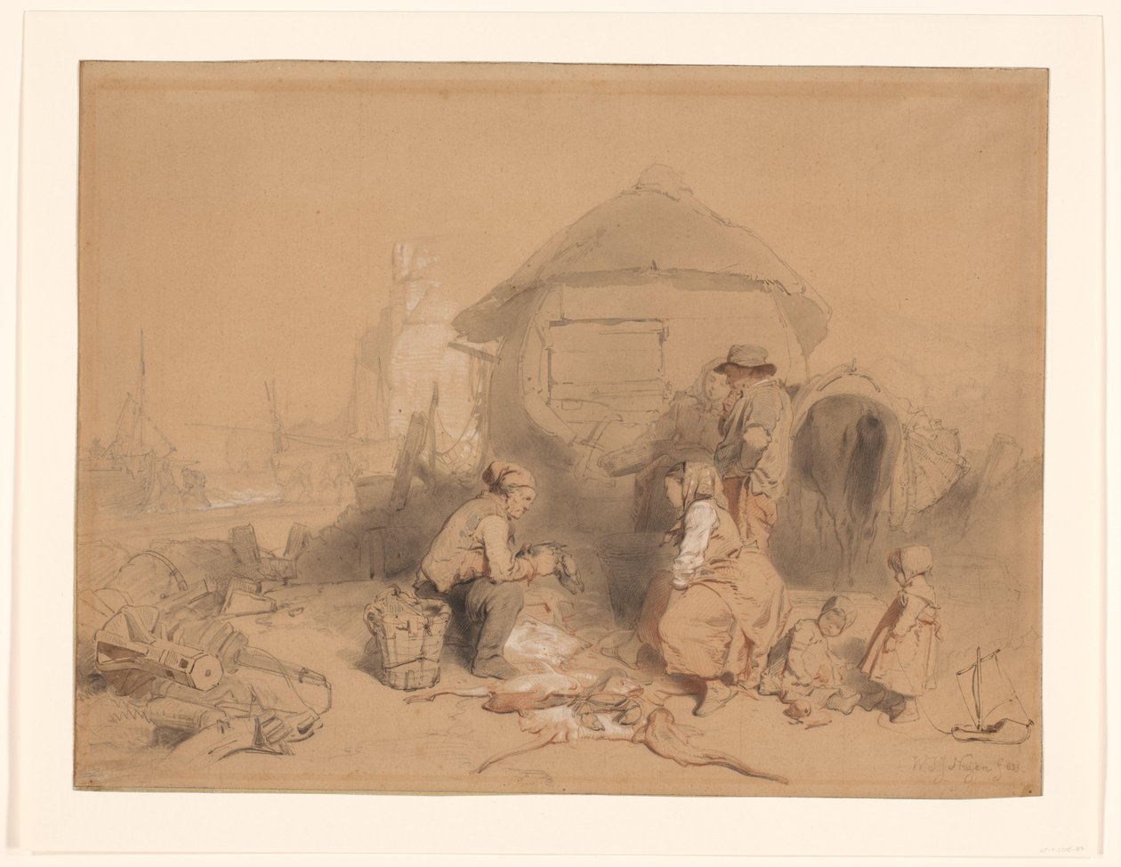 Gesprek op het strand bij een tot behuizing omgebouwde boot door Wijnand Nuijen (signed by artist)