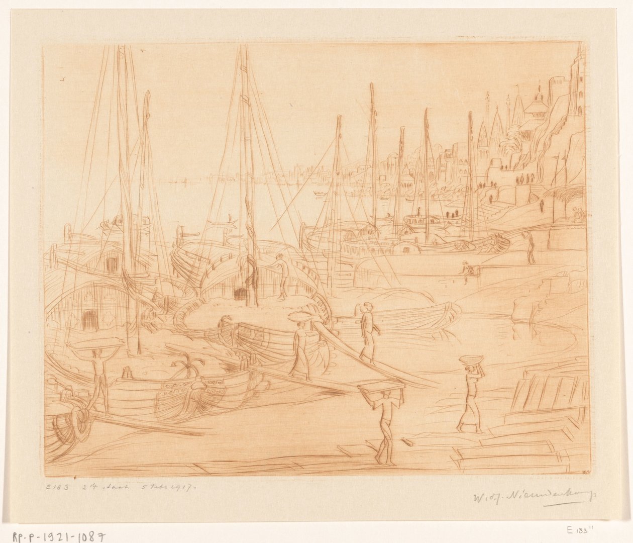 Afgemeerde schepen aan de oever van de Ganges in Benares door Wijnand Otto Jan Nieuwenkamp (signed by artist)