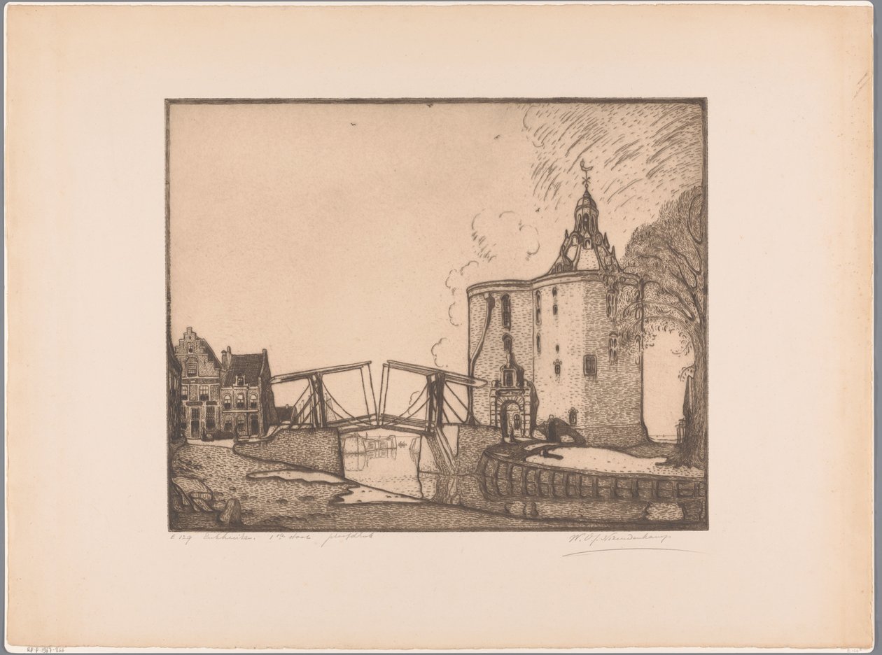 Gezicht op de Drommedaris te Enkhuizen door Wijnand Otto Jan Nieuwenkamp (signed by artist)