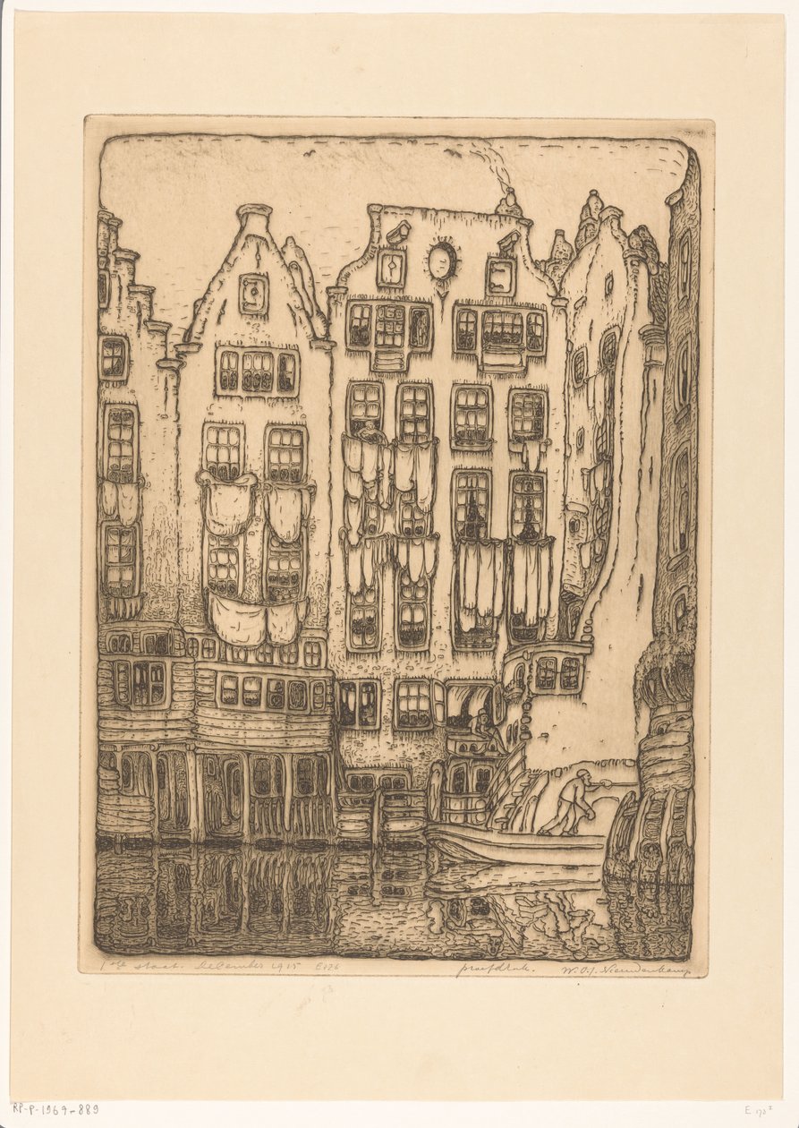 Grachtenhuizen aan de Sint-Olofssteeg in Amsterdam door Wijnand Otto Jan Nieuwenkamp (signed by artist)