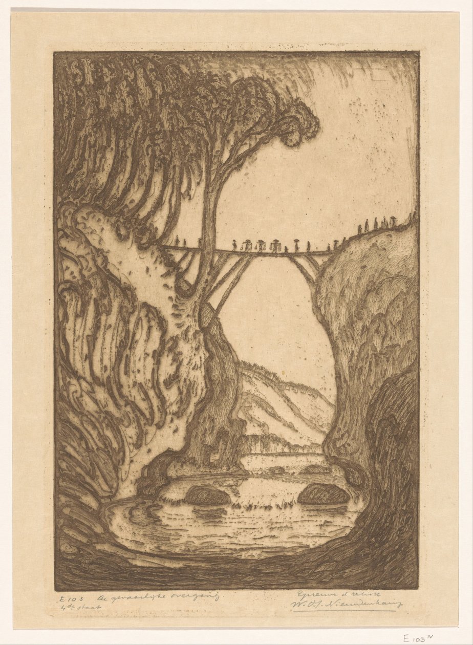 Houten brug over een rivierkloof op Bali door Wijnand Otto Jan Nieuwenkamp (signed by artist)