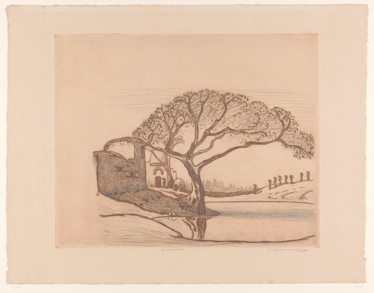 Huizen, boom bij vijver en vrouwen met waterkruiken op het hoofd door Wijnand Otto Jan Nieuwenkamp (signed by artist)