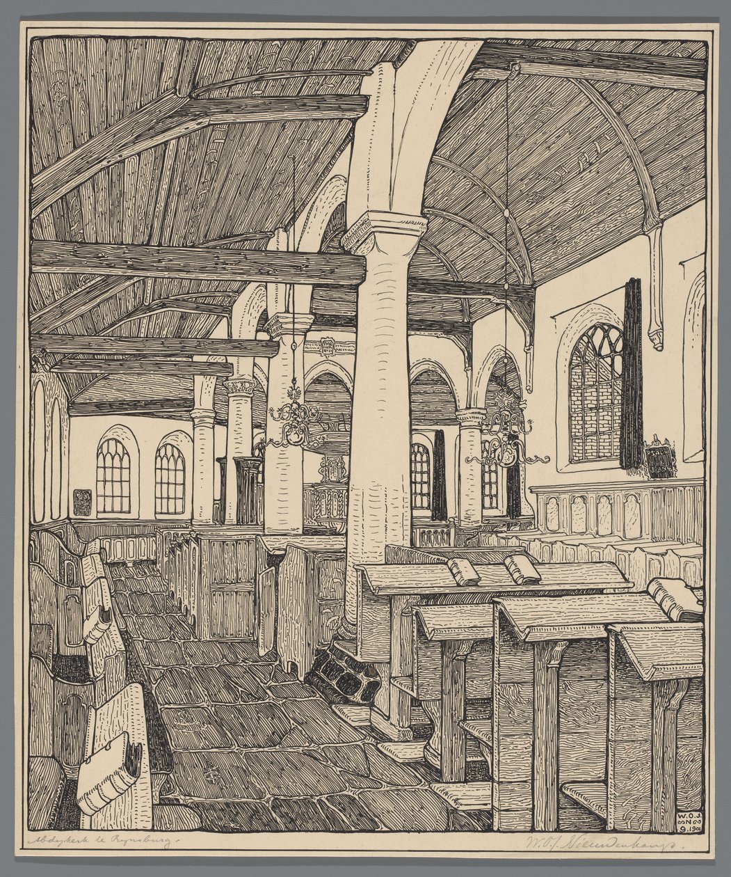 Interieur van de Abdijkerk te Rijnsburg door Wijnand Otto Jan Nieuwenkamp (signed by artist)