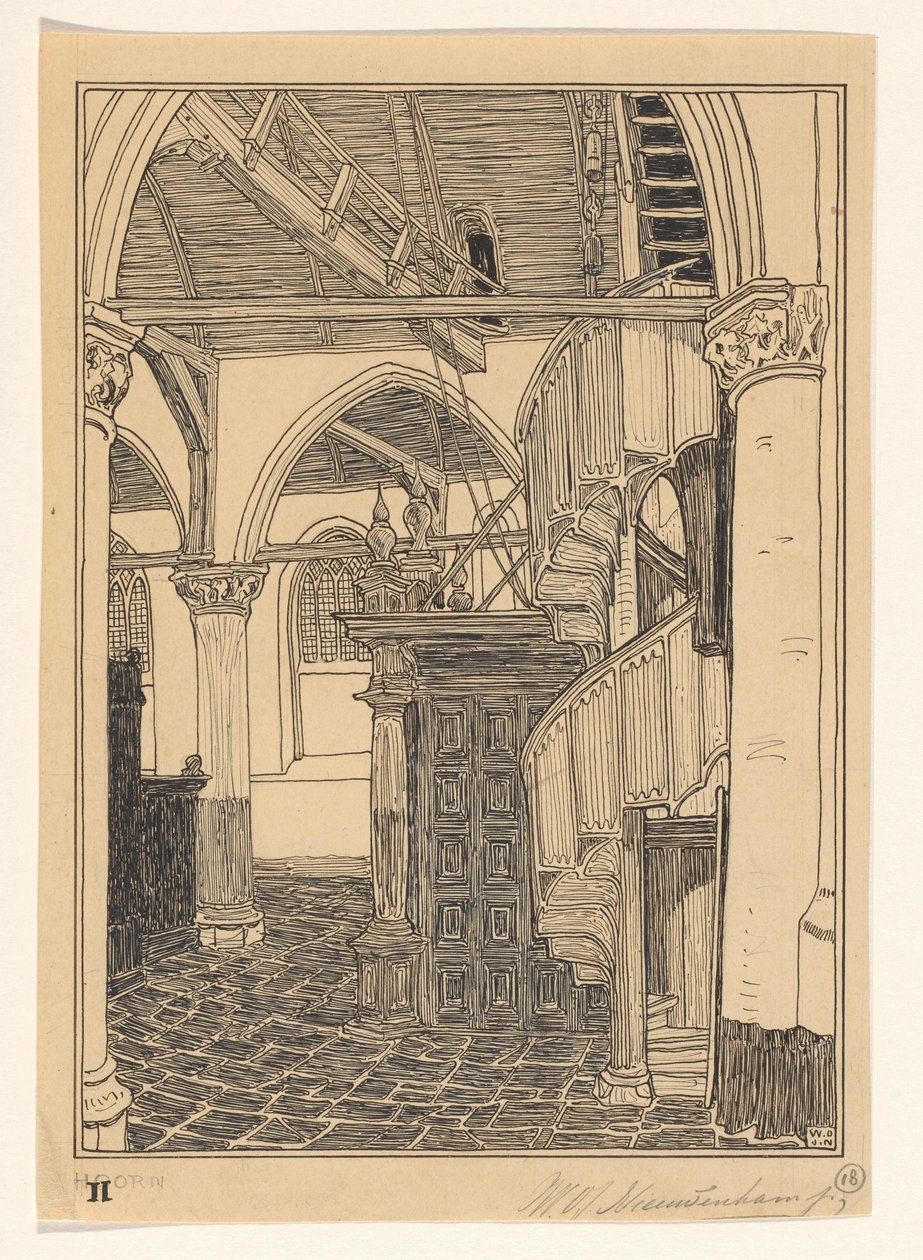 Interieur van de Noorderkerk te Hoorn door Wijnand Otto Jan Nieuwenkamp (signed by artist)