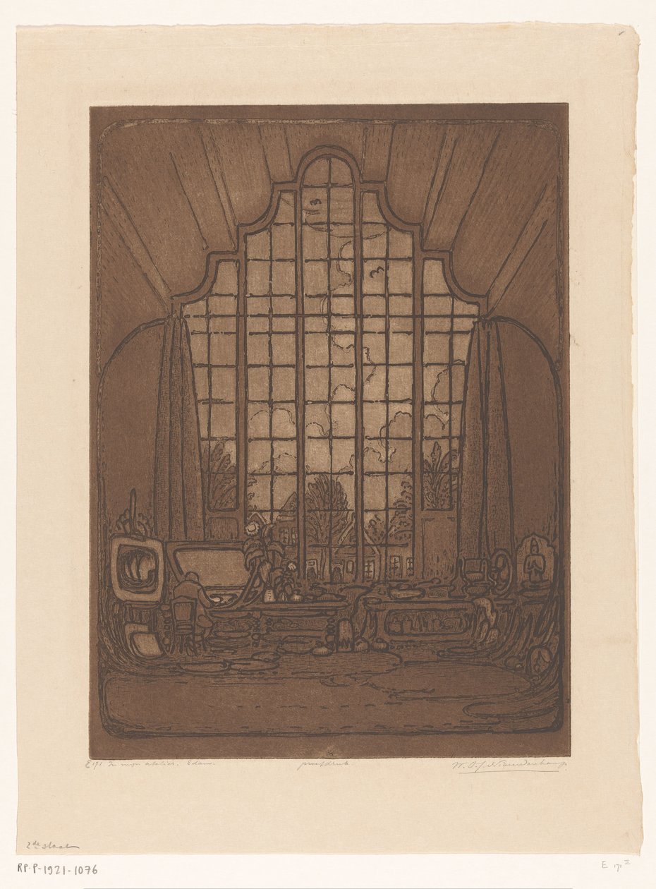 Interieur van het atelier van Wijnand Otto Jan Nieuwenkamp aan Het Marken in Edam door Wijnand Otto Jan Nieuwenkamp (signed by artist)