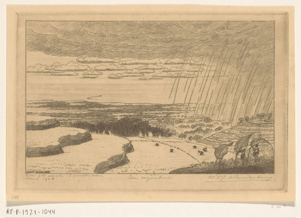Regenbui boven de rijstvelden bij Gitgit op Bali Een regenbui door Wijnand Otto Jan Nieuwenkamp (signed by artist)