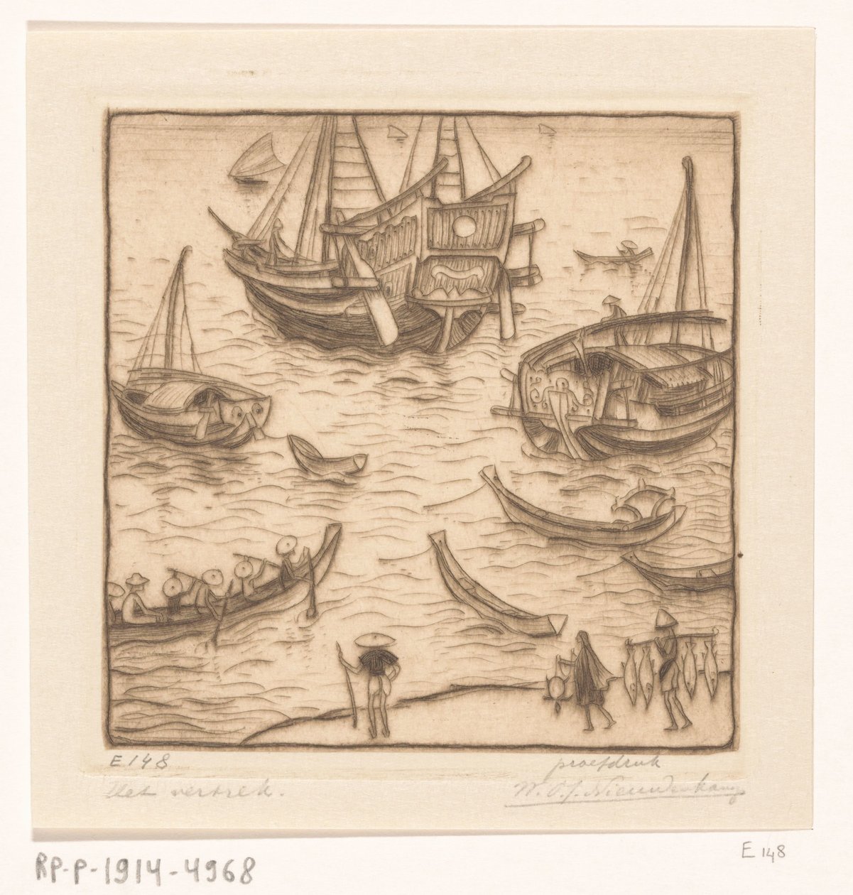 Schepen in een baai aan de oostkust van Lombok door Wijnand Otto Jan Nieuwenkamp (signed by artist)