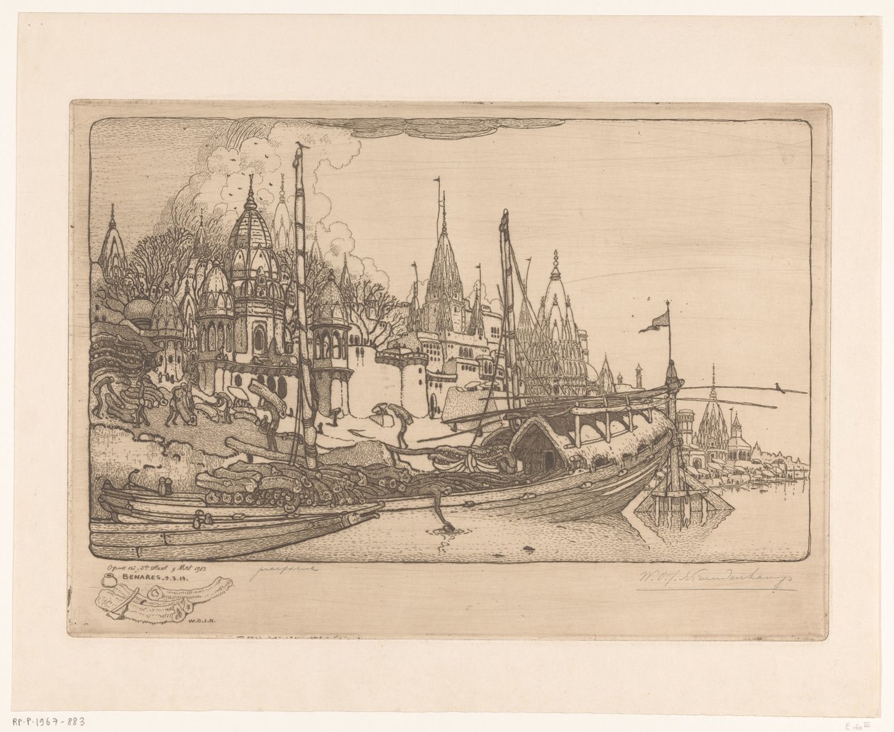 Schip met brandhout aan de oever van de Ganges in Benares door Wijnand Otto Jan Nieuwenkamp (signed by artist)