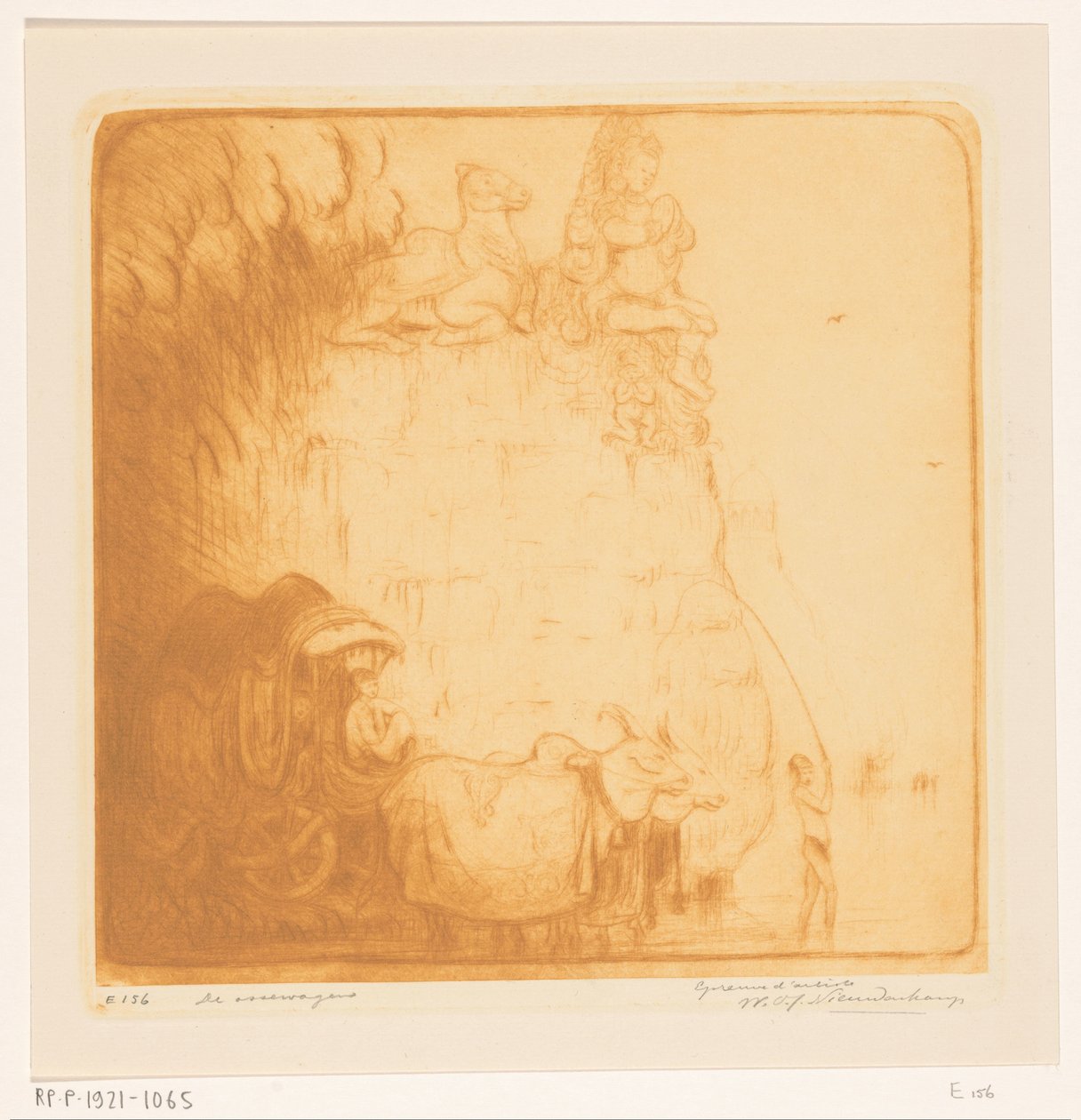 Twee ossen die een wagen door een rivier trekken door Wijnand Otto Jan Nieuwenkamp (signed by artist)