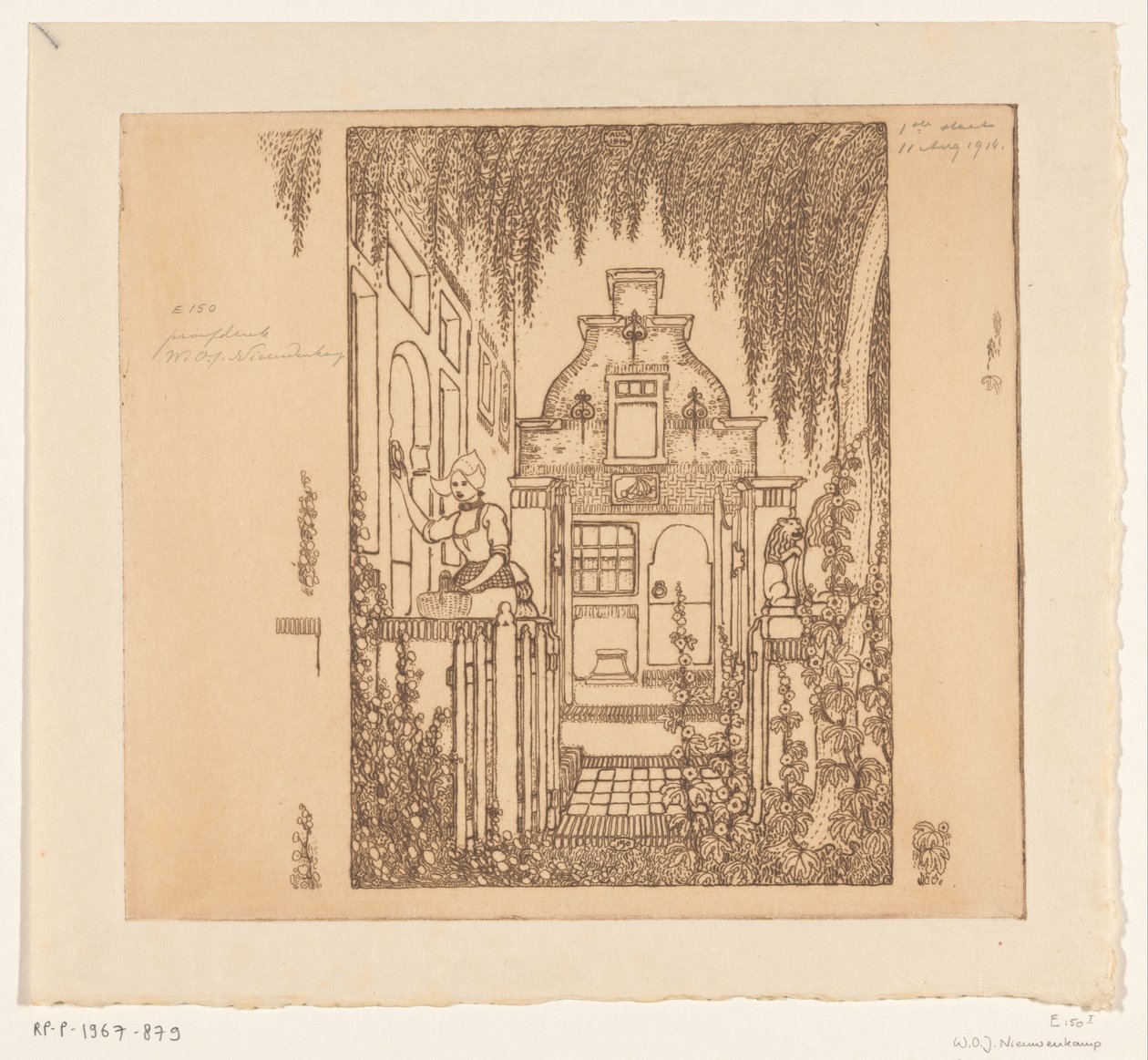 Vrouw in klederdracht die op een voordeur klopt in Edam door Wijnand Otto Jan Nieuwenkamp (signed by artist)