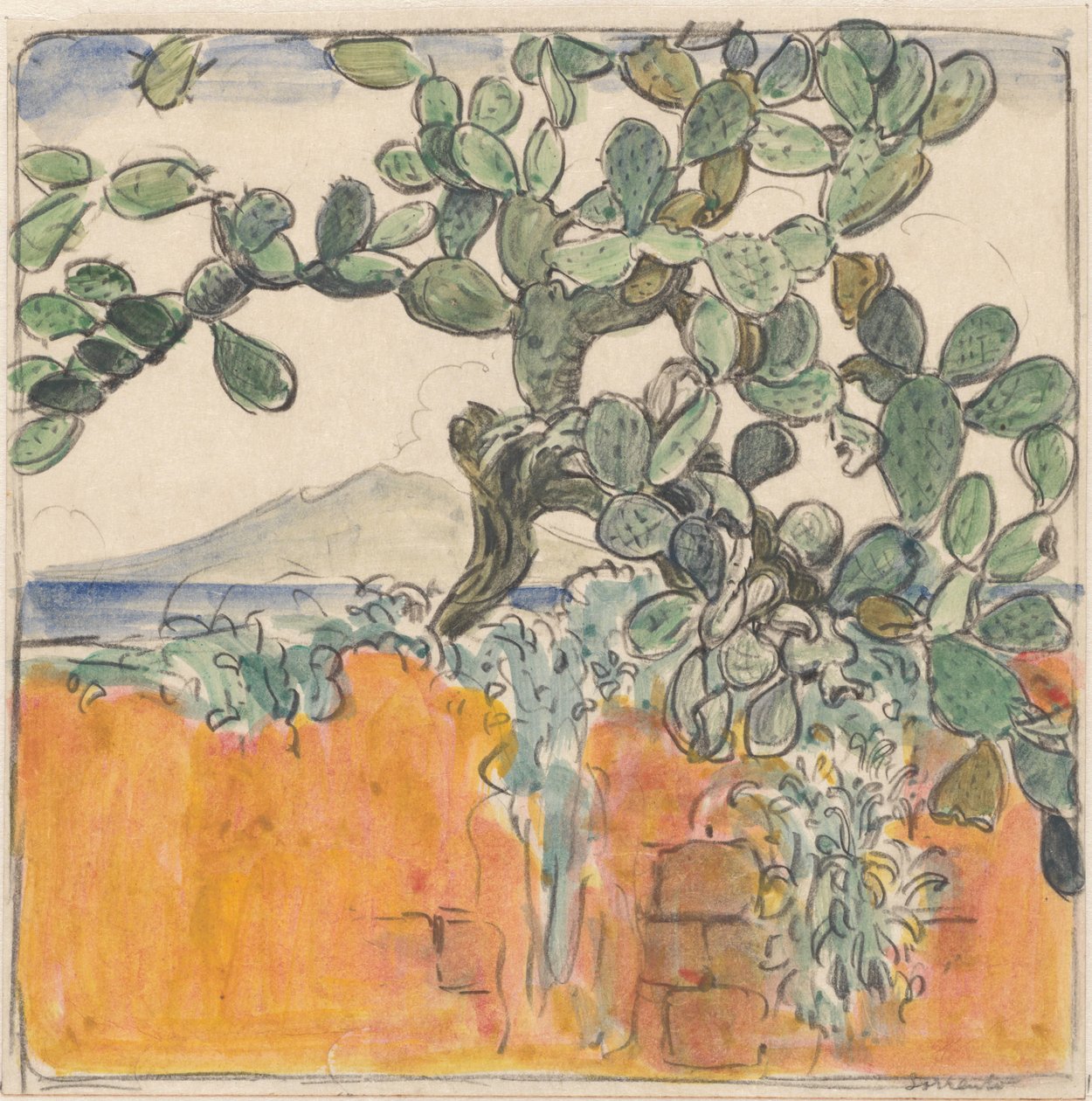 Gezicht met cactus op de berg Vesuvius vanuit Sorrento door Wijnand Otto Jan Nieuwenkamp