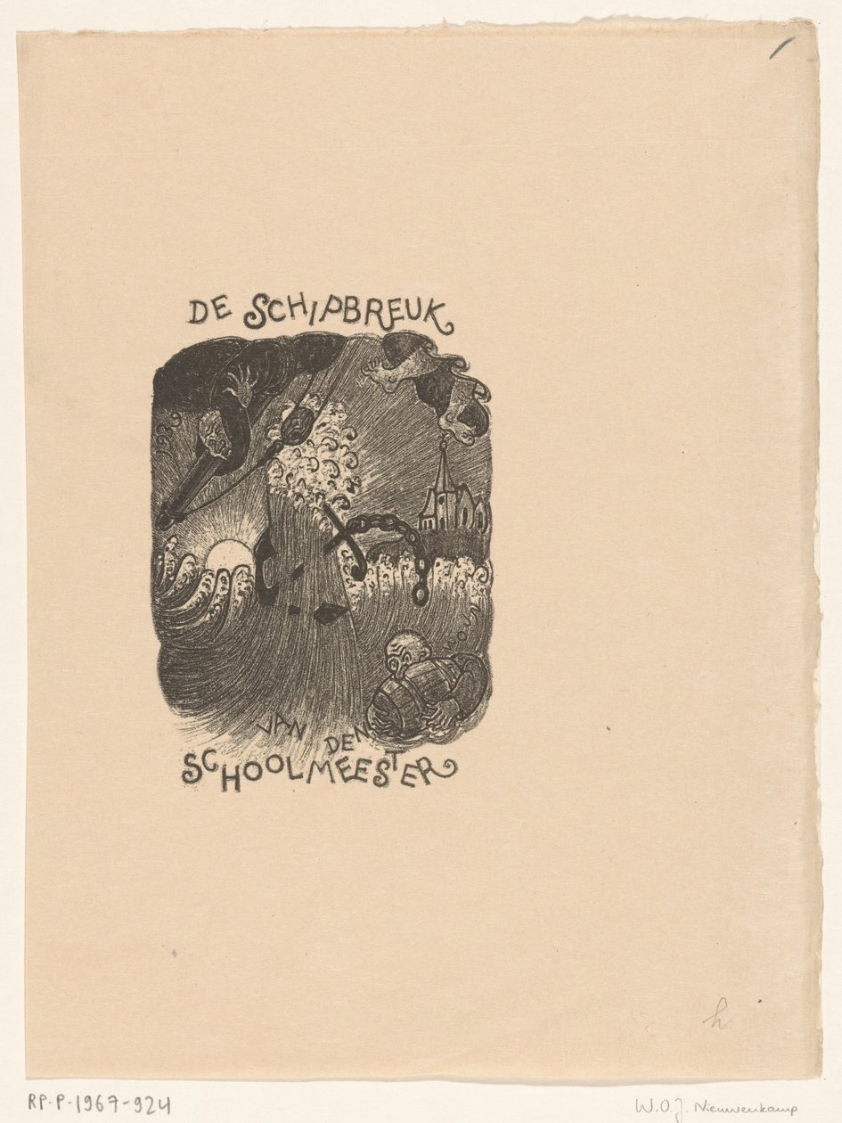 Ontwerp van een titelpagina voor: De Schoolmeester, De schipbreuk door Wijnand Otto Jan Nieuwenkamp