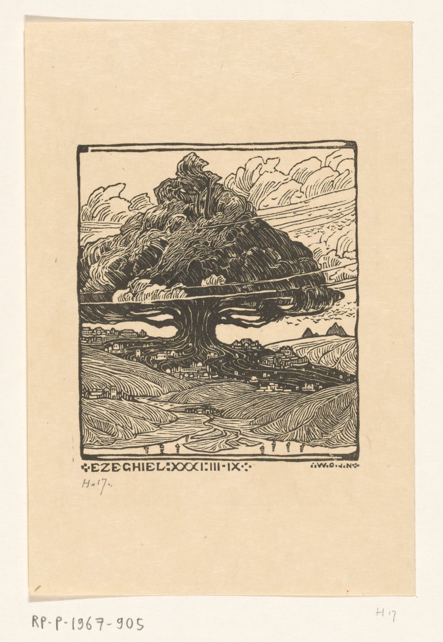 Steden onder een ceder in een berglandschap door Wijnand Otto Jan Nieuwenkamp