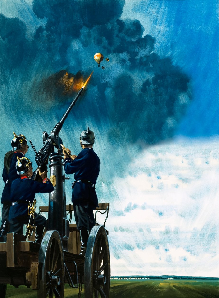 Een dappere ballonvaarder bezorgde post in de belegerde stad Parijs ondanks dat hij werd beschoten door Pruisische kanonnen door Wilf (20th century) Hardy