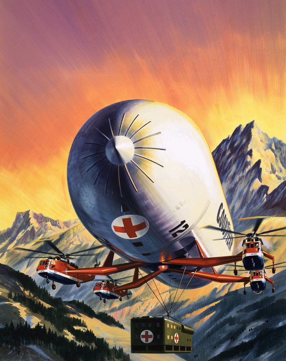 Een futuristische combinatie van helikopters en luchtschepen gebruikt voor het vervoeren van grote ladingen door Wilf (20th century) Hardy