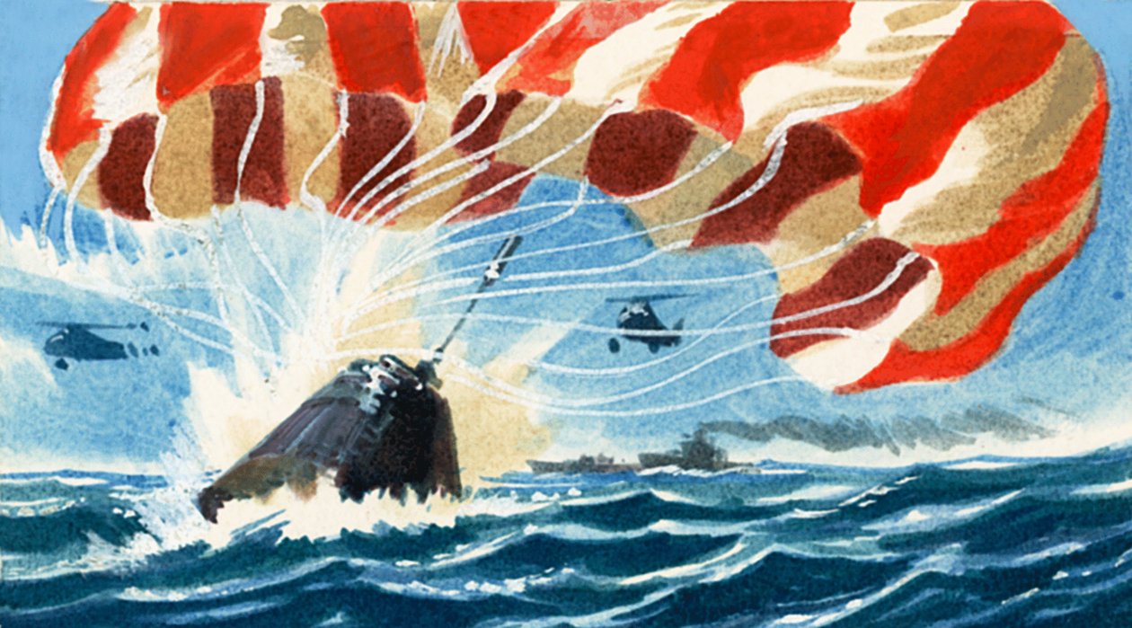 Een ruimtecapsule keert per parachute terug naar de aarde door Wilf (20th century) Hardy