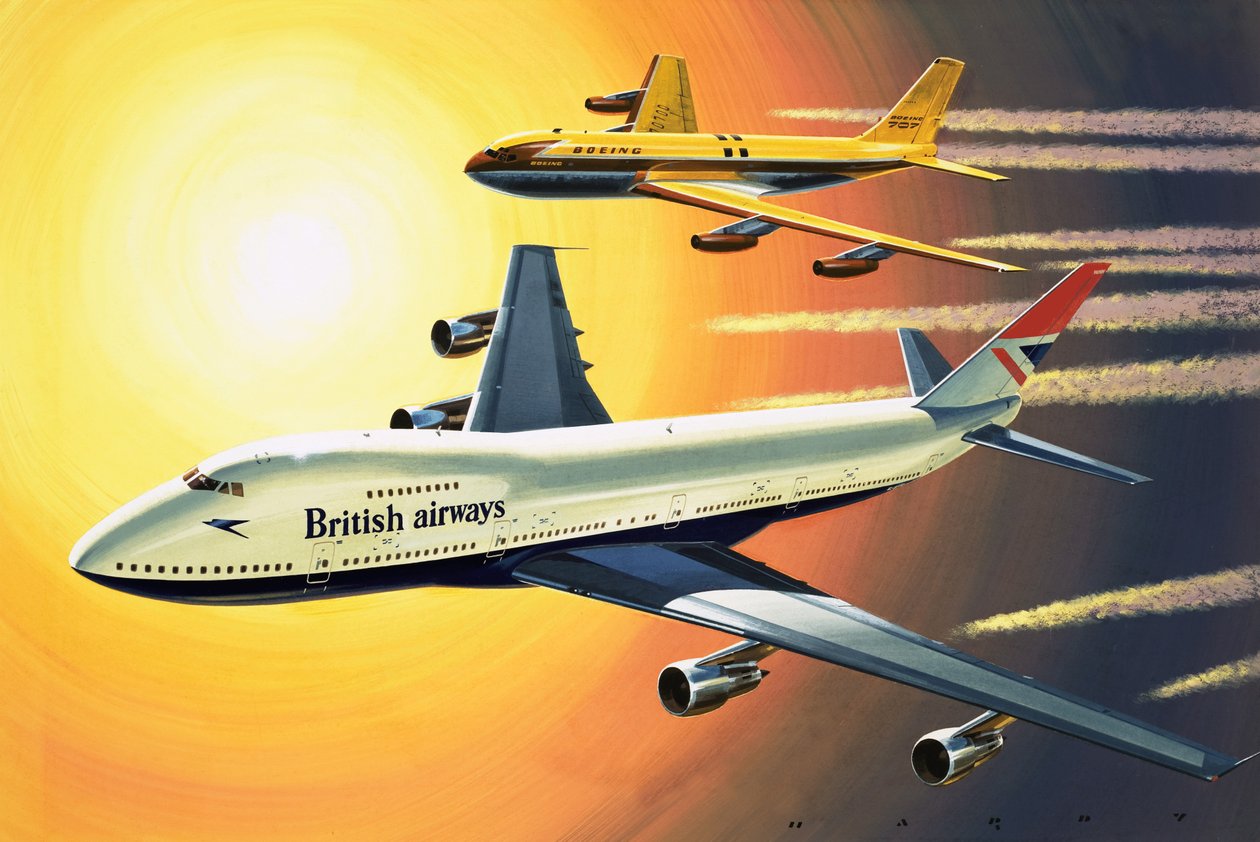 Boeing 747 met Boeing 707 op achtergrond door Wilf (20th century) Hardy