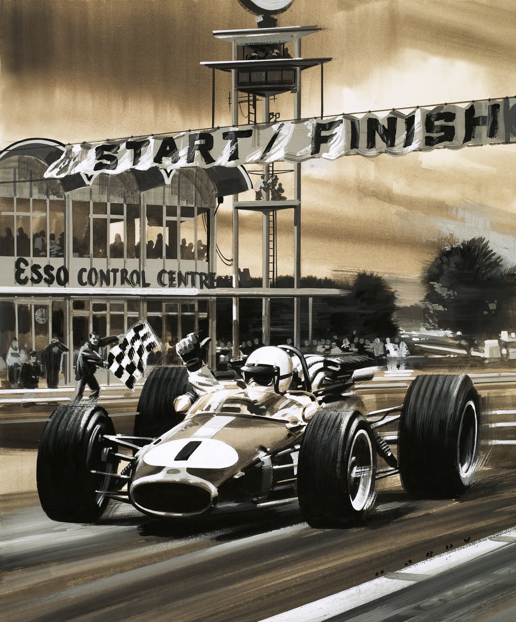 Jack Brabham geeft een duim omhoog als hij de allereerste Grand Prix van Canada wint door Wilf (20th century) Hardy