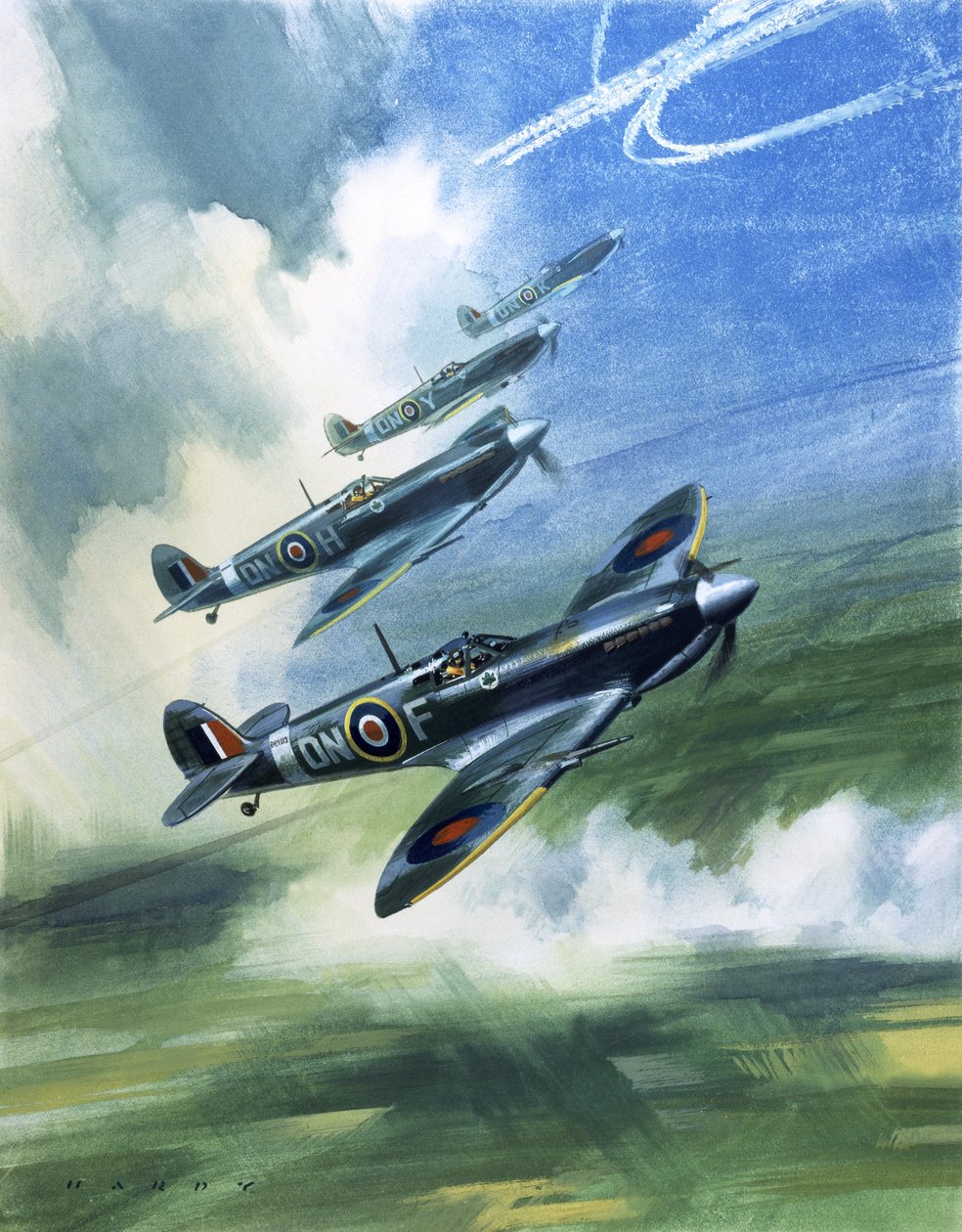 Patrouillerende vlucht van 416 Squadron, Royal Canadian Air Force, Spitfire Mark 9s (gouache op papier) door Wilf (20th century) Hardy