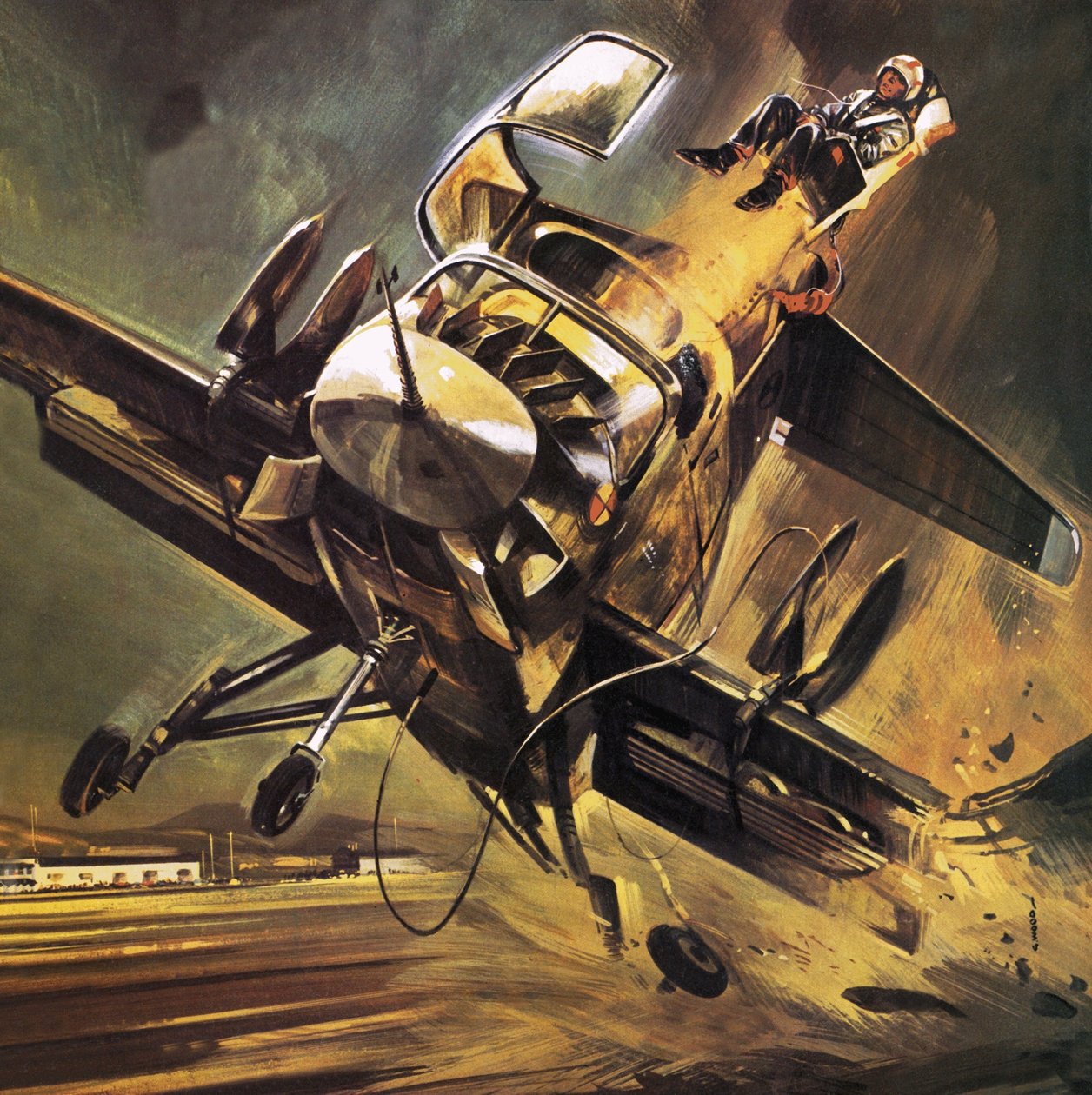 Piloot wordt uit de Ryan XV-5 Jump Jet geworpen door Wilf (20th century) Hardy