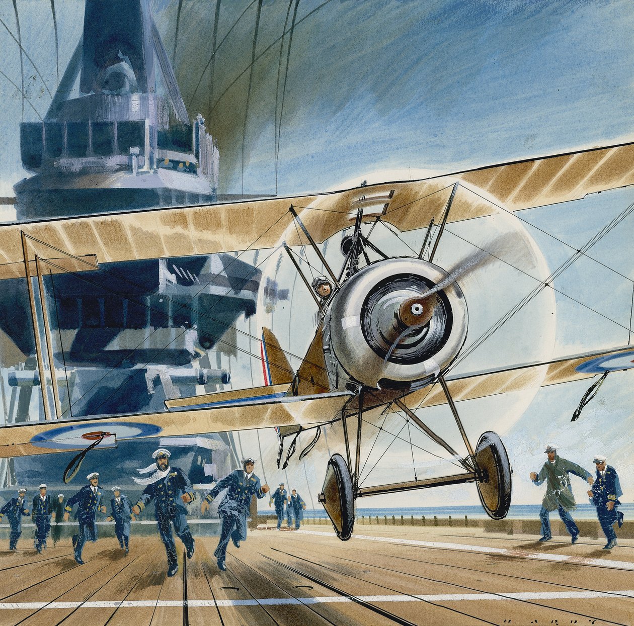 De eerste deklanding (gouache op papier) door Wilf (20th century) Hardy