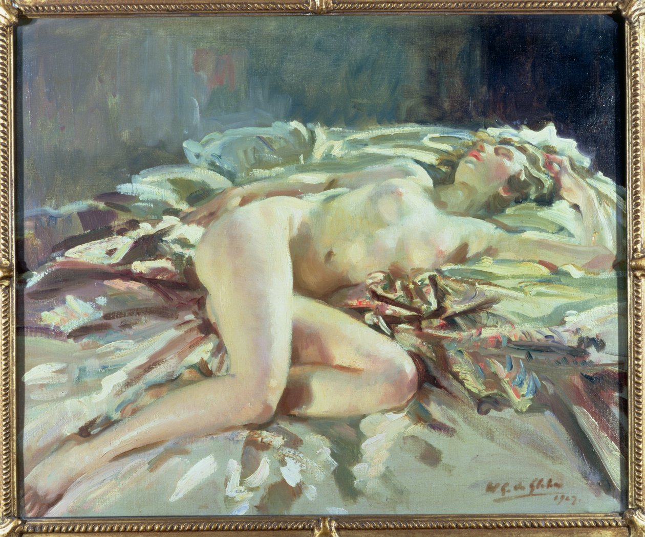 Vrouwelijk naakt liggend op een bed door Wilfred Gabriel de Glehn