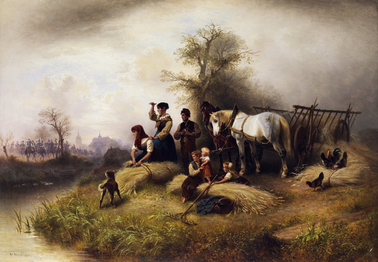 Boerenfamilie bij de korenoogst kijkt naar een cavalerietrein door Wilhelm Meyerheim