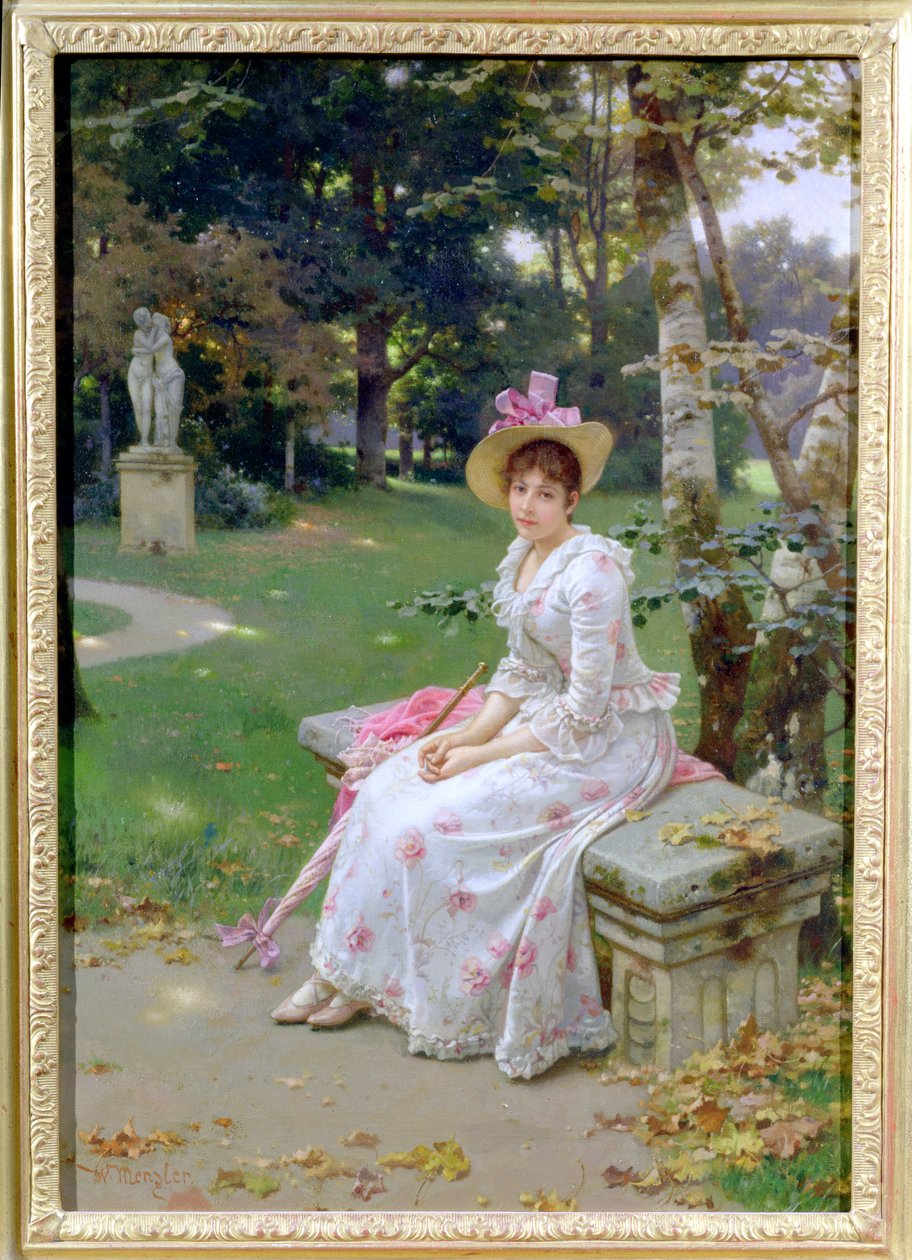 Jonge Vrouw Wachtend op een Parkbank met een Parasol door Wilhelm Menzler