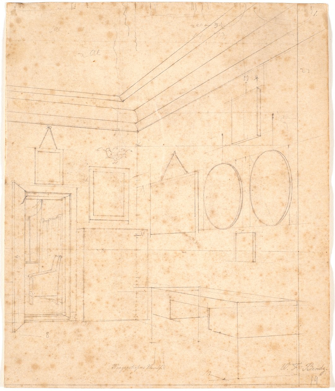 Perspectieftekening voor het Waagepetersen familieportret door Wilhelm Bendz