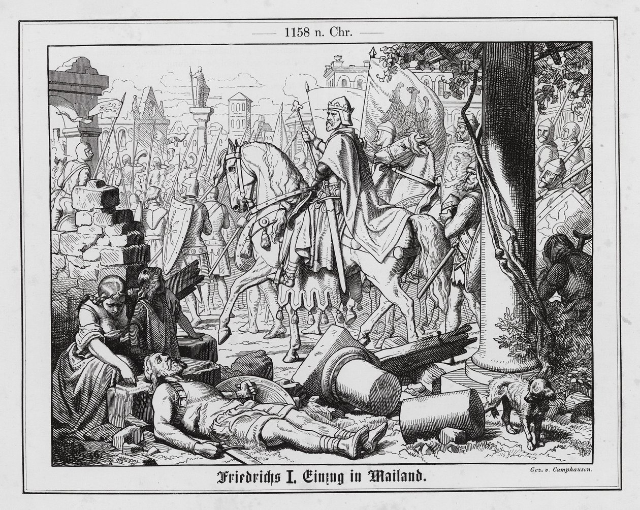 De Heilige Roomse Keizer Frederik I trekt Milaan binnen door Wilhelm Camphausen