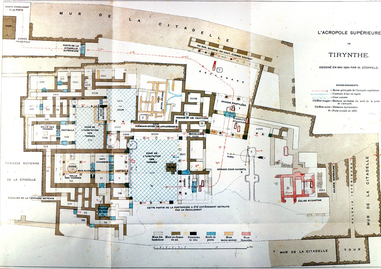 Kaart van de oude stad Griekenland Tiryns, Heinrich Schliemann, Parijs door Wilhelm Doerpfeld