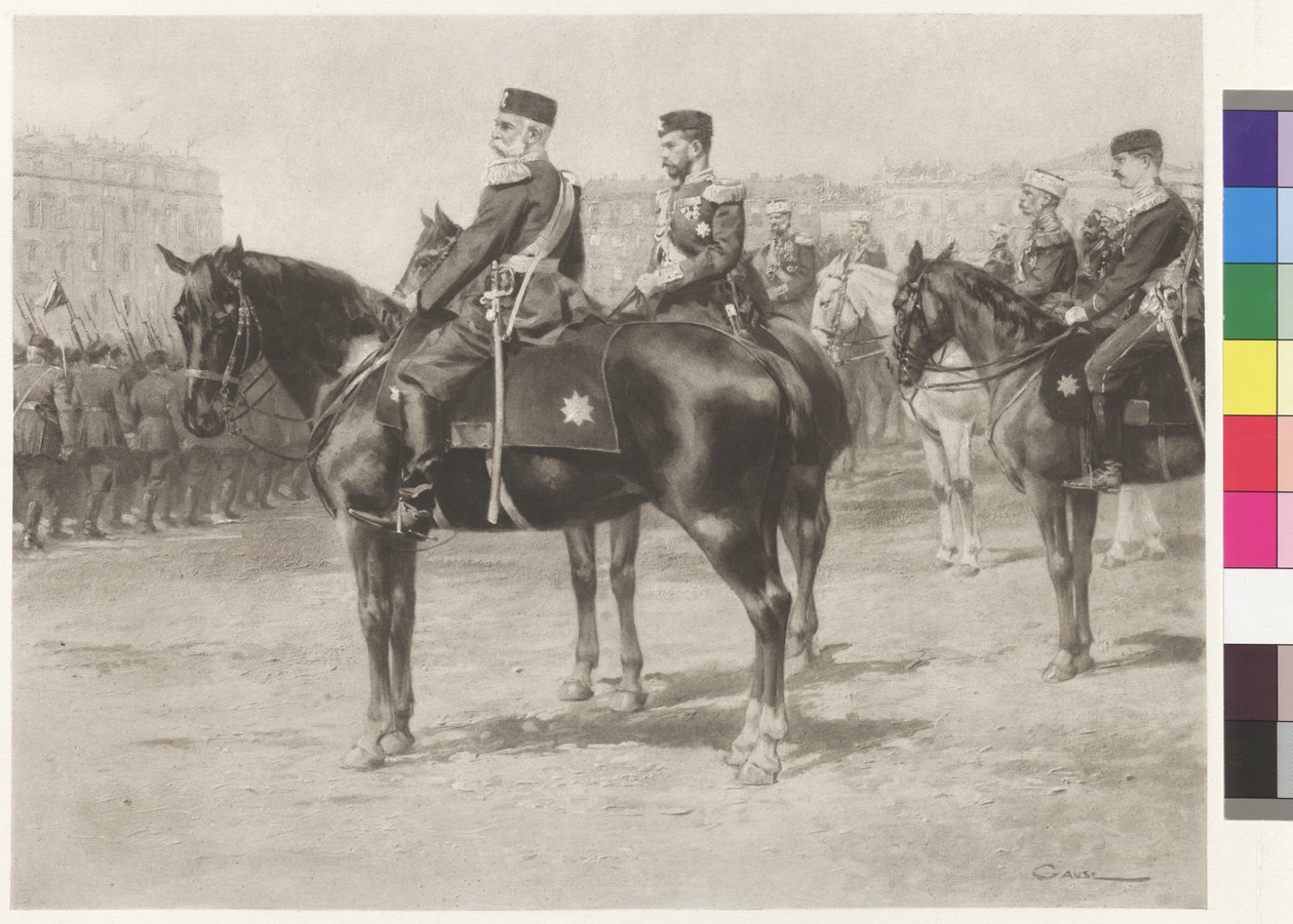 Keizer Franz Joseph I en tsaar Nikolaus II bij de parade op het Champ-de-Mars in St. Petersburg door Wilhelm Gause