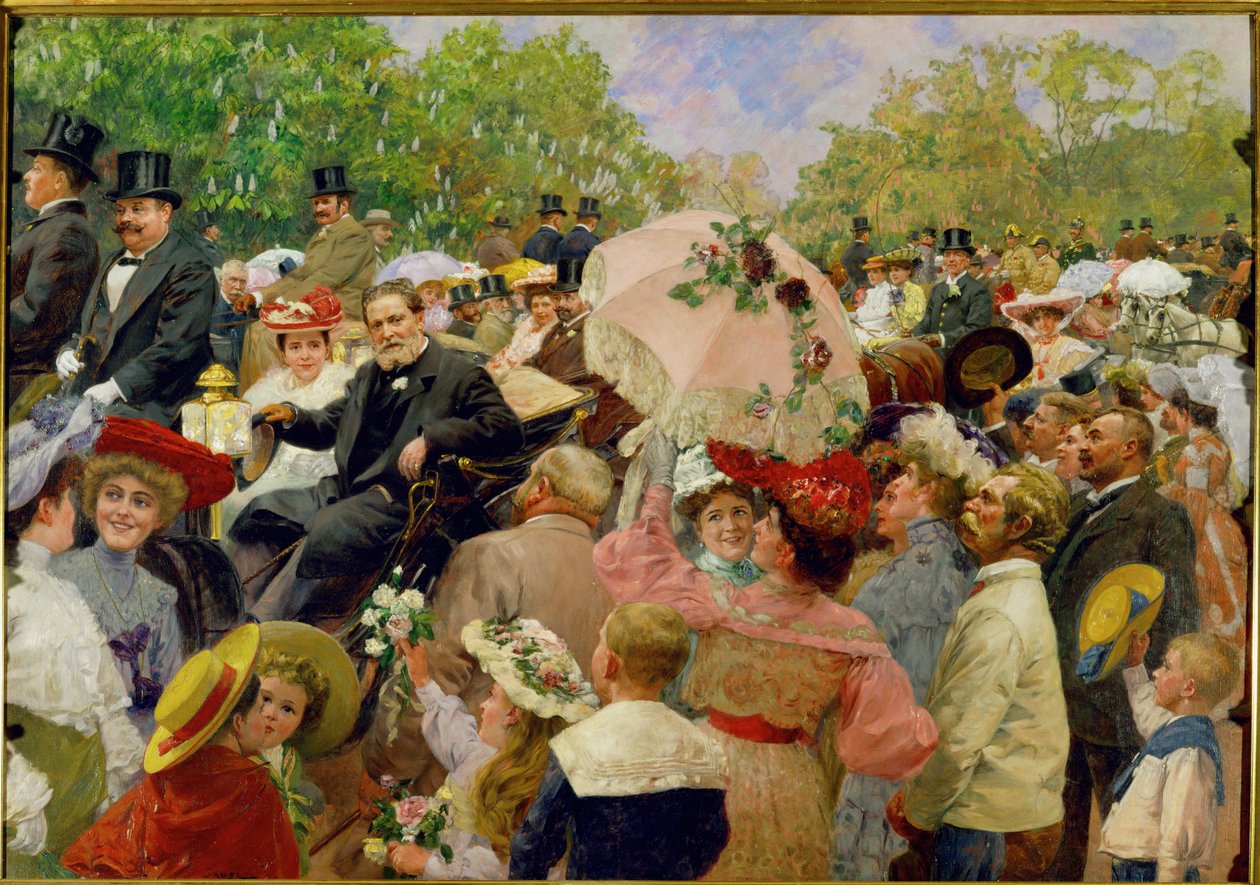 De Weense burgemeester Karl Lueger rijdt in zijn koets tijdens het bloemencorso in de Weense Prater ... door Wilhelm Gause