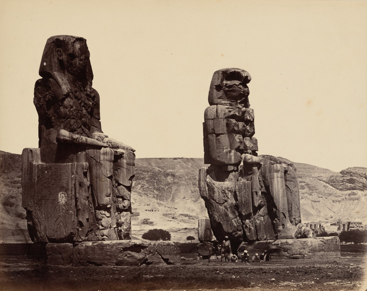 Kolossen van Memnon bij Thebe, ca. 1859 (foto) door Wilhelm Hammerschmidt