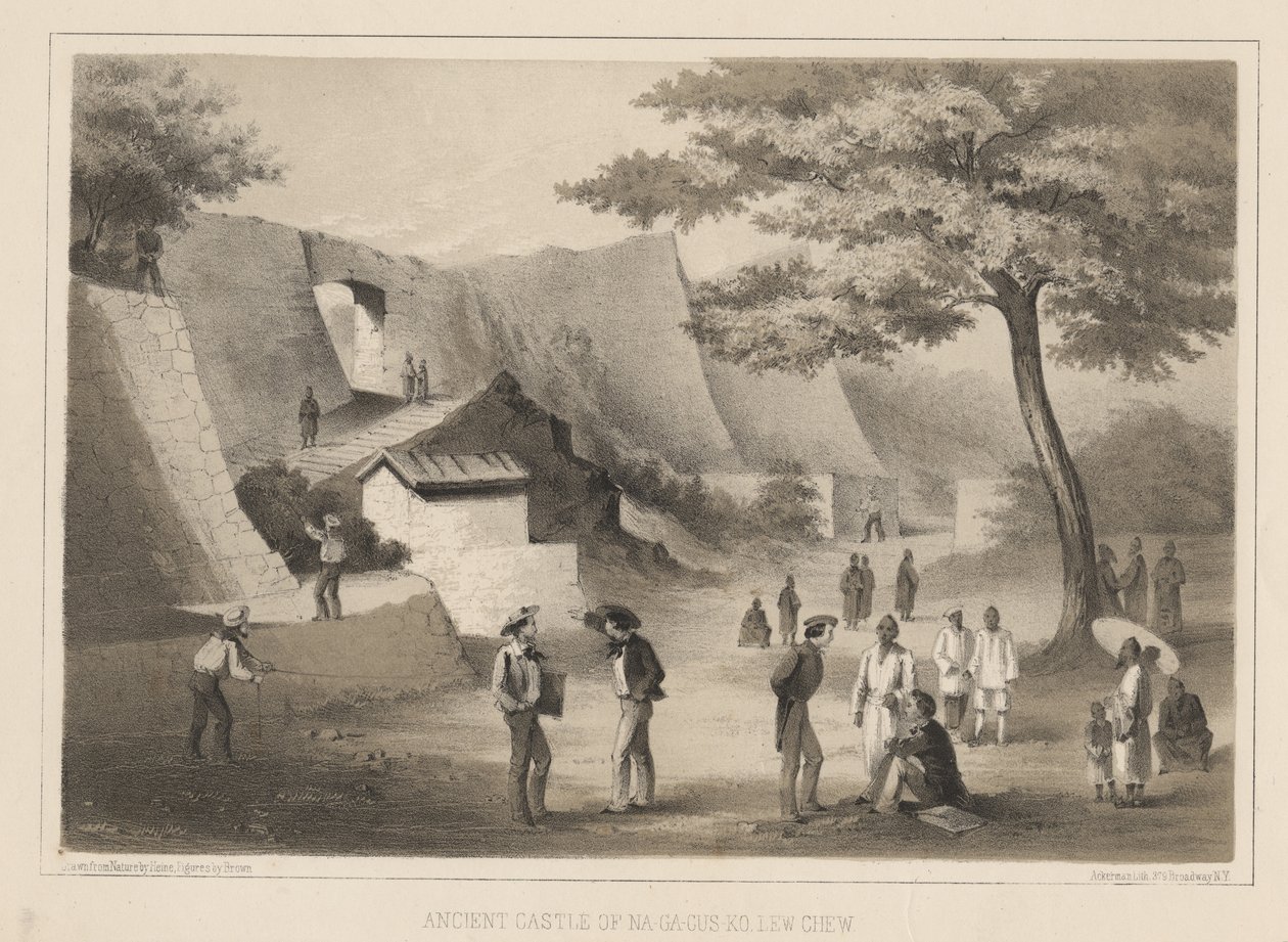 Oud kasteel van Na-Ga-Cus-Ko, Lew Chew, 1855 door Wilhelm Joseph Heine