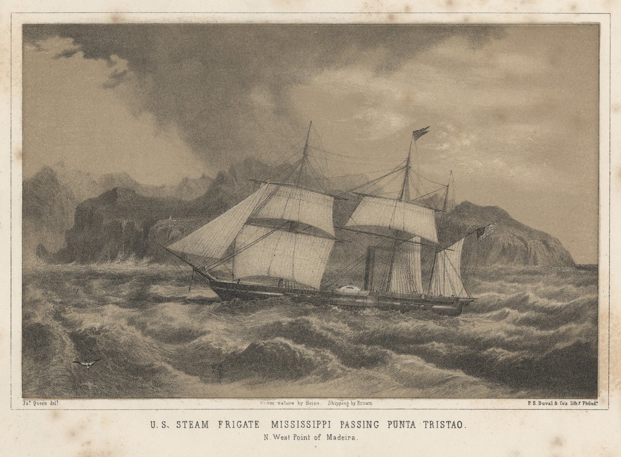 U.S. Stoomfregat Mississippi Passeert Punta Tristao, 1855 door Wilhelm Joseph Heine