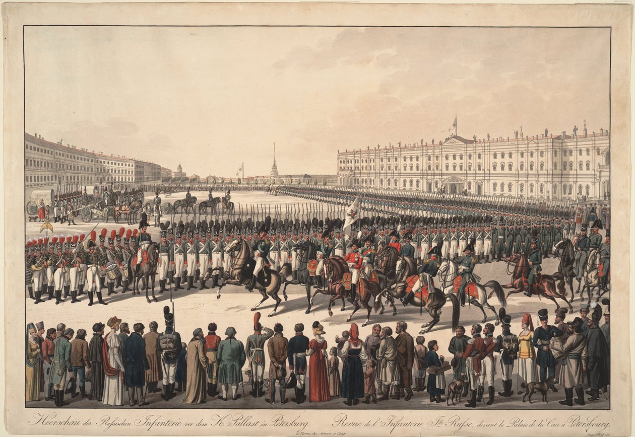 Een review van de Russische infanterie op het Paleisplein in Sint-Petersburg, 1809-1813 door Wilhelm Kobell Ritter von