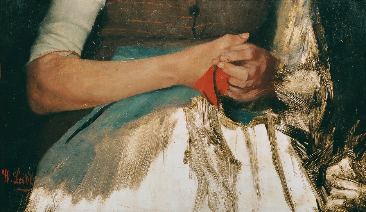 Twee handen met rode doek op blauwe schort door Wilhelm Maria Hubertus Leibl