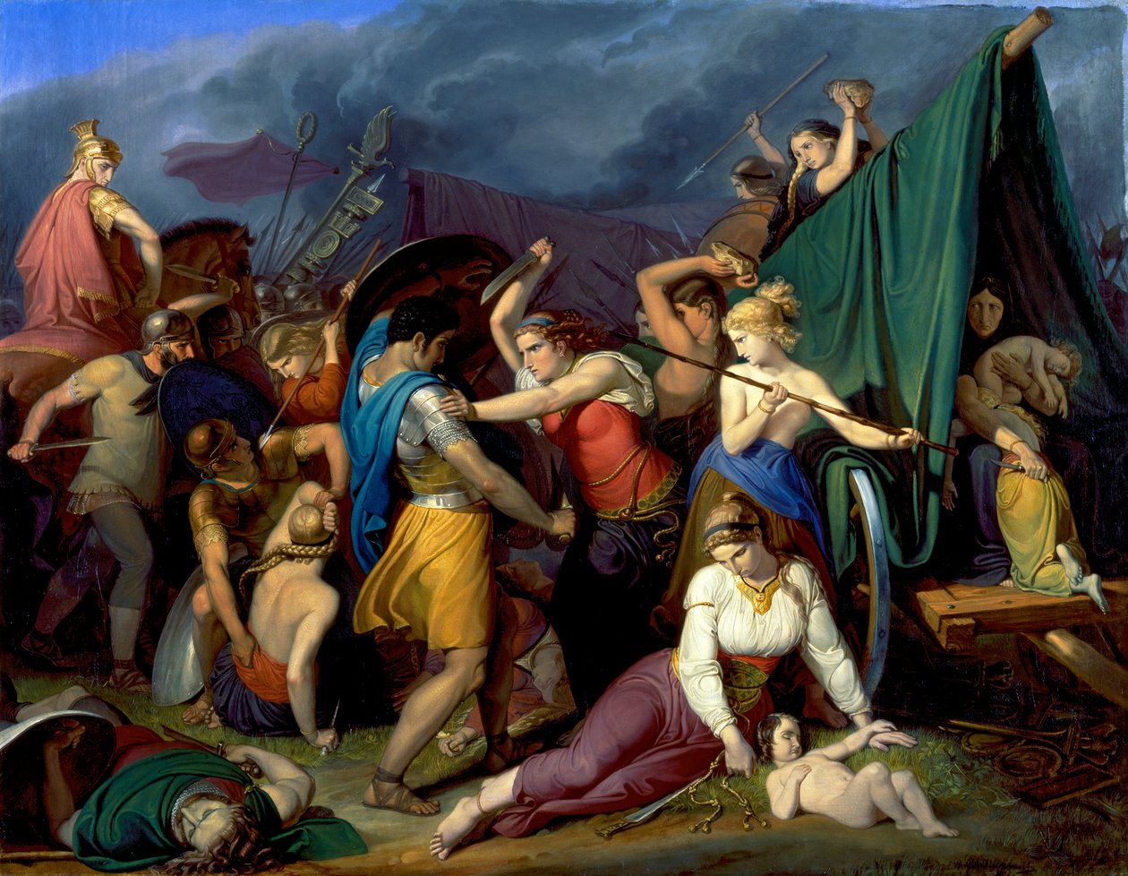 De vrouwen van de Cimbri, hun wagenburg verdedigend tegen de Romeinen door Wilhelm Lindenschmit der Ältere