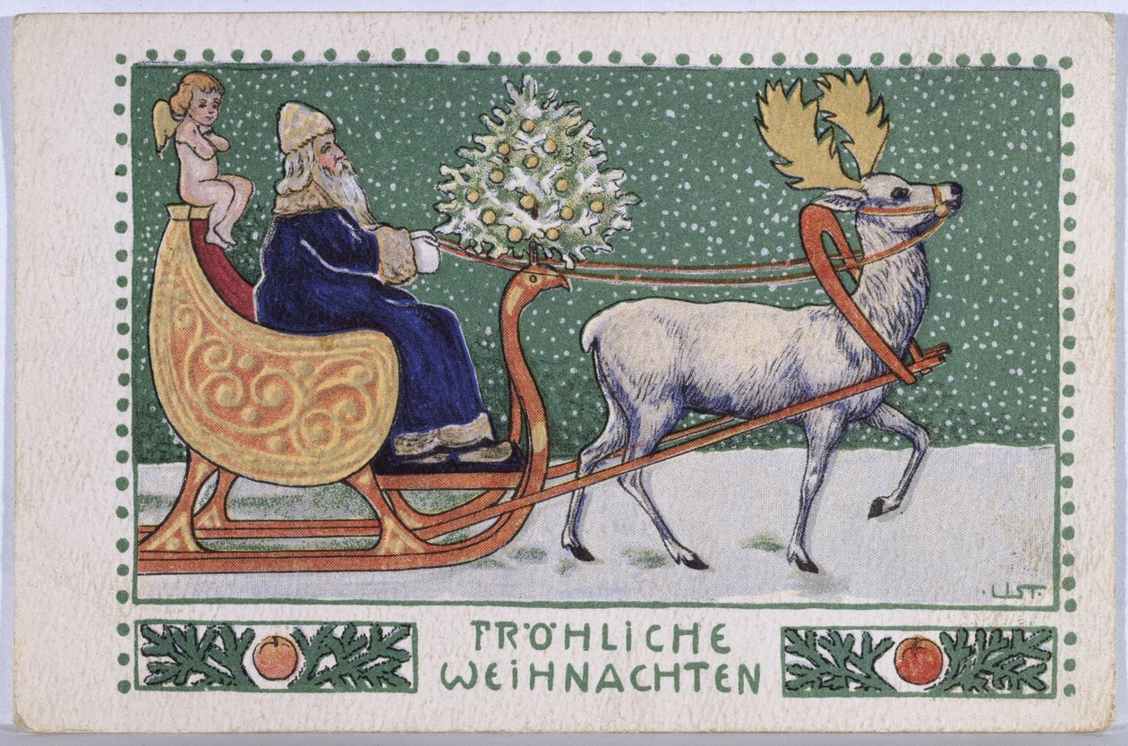 Ansichtkaart met de Kerstman op zijn slee, ca. 1910 door Wilhelm List