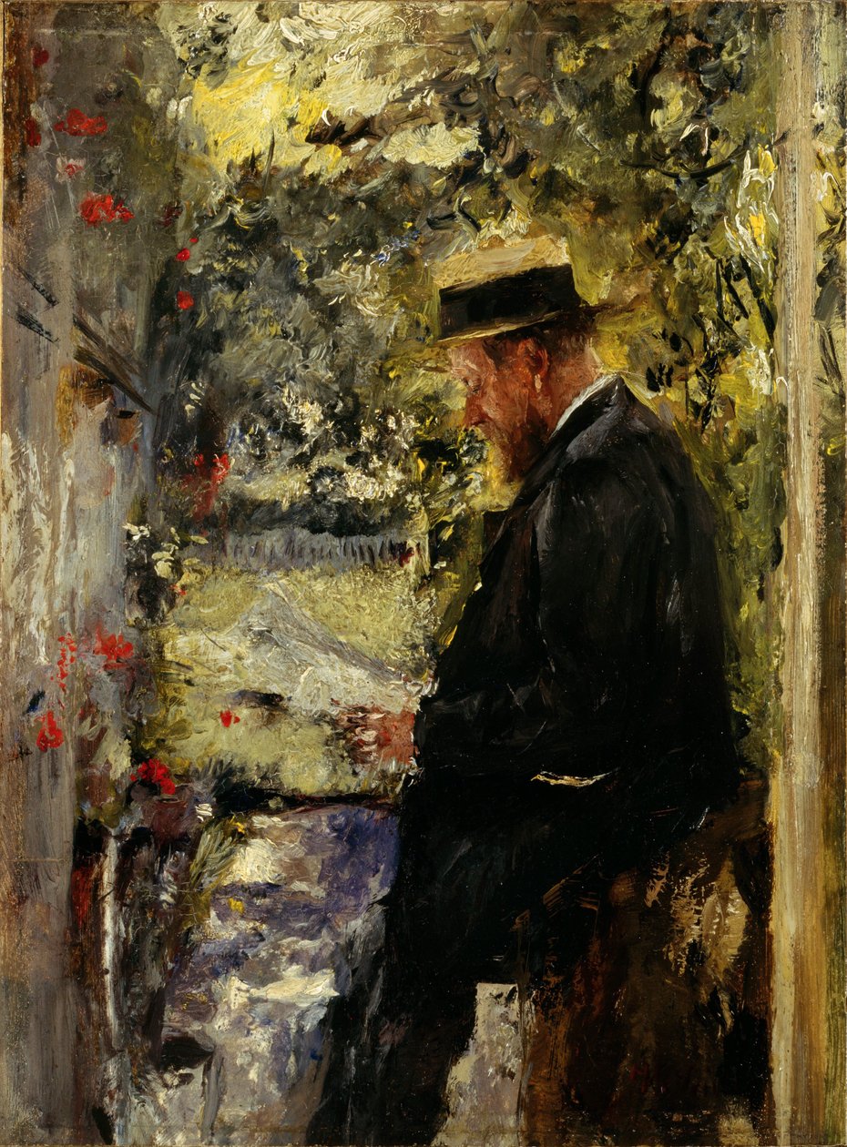 Dierenarts Reindl in het prieel, ca.1890 (olieverf op mahoniehout) door Wilhelm Maria Hubertus Leibl