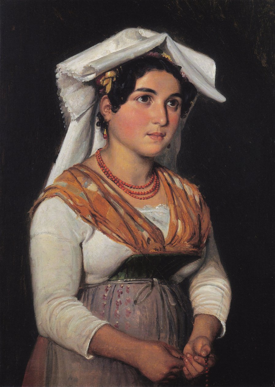 Een jonge, staande Italiaanse vrouw met een rozenkrans in haar hand door Wilhelm Marstrand