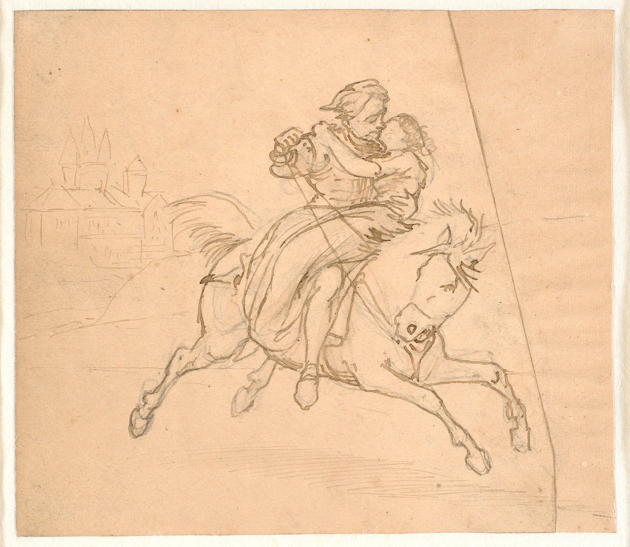 De Ontvoering. Rijdend paar, op de achtergrond kasteel of slot door Wilhelm Marstrand