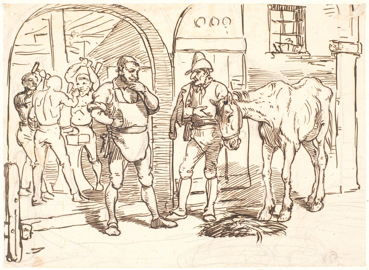 Het oude paard wordt naar een Romeinse smederij gebracht door Wilhelm Marstrand