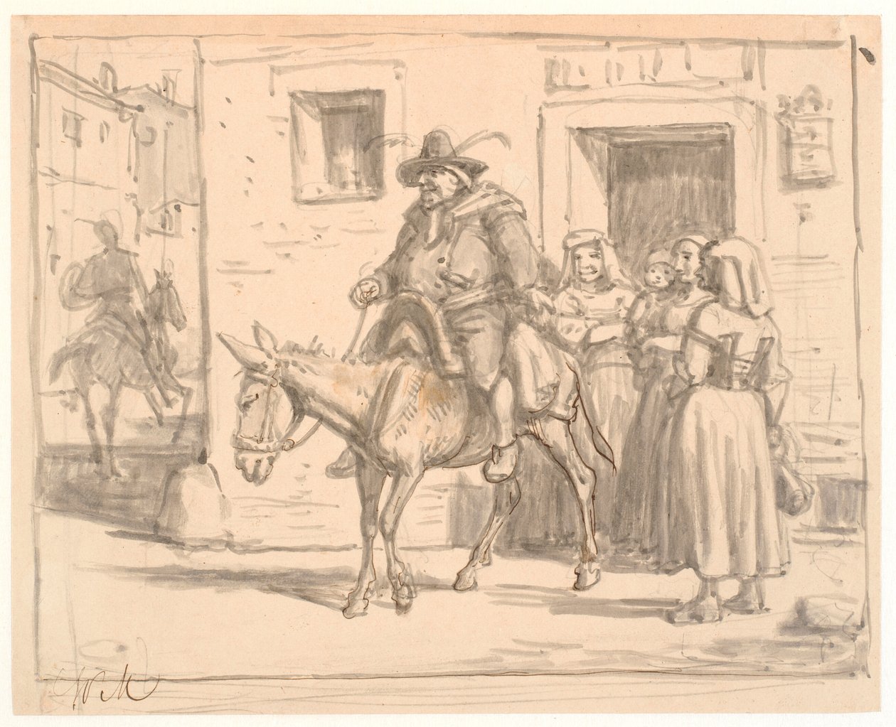 Don Quichot en Sancho Panza verlaten de herberg door Wilhelm Marstrand