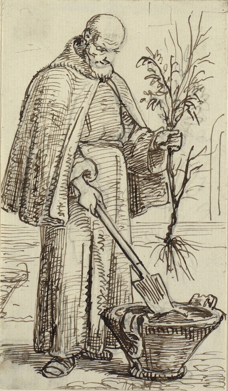 Een monnik plant een boom door Wilhelm Marstrand