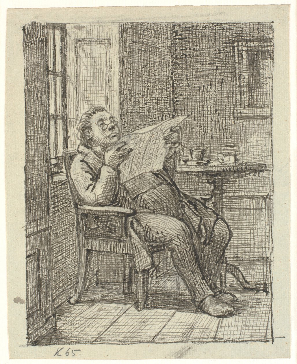 Een dikke krantlezende heer met zijn koffie door Wilhelm Marstrand
