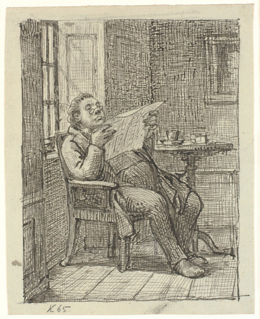 Een dikke krantlezende heer met zijn koffie door Wilhelm Marstrand