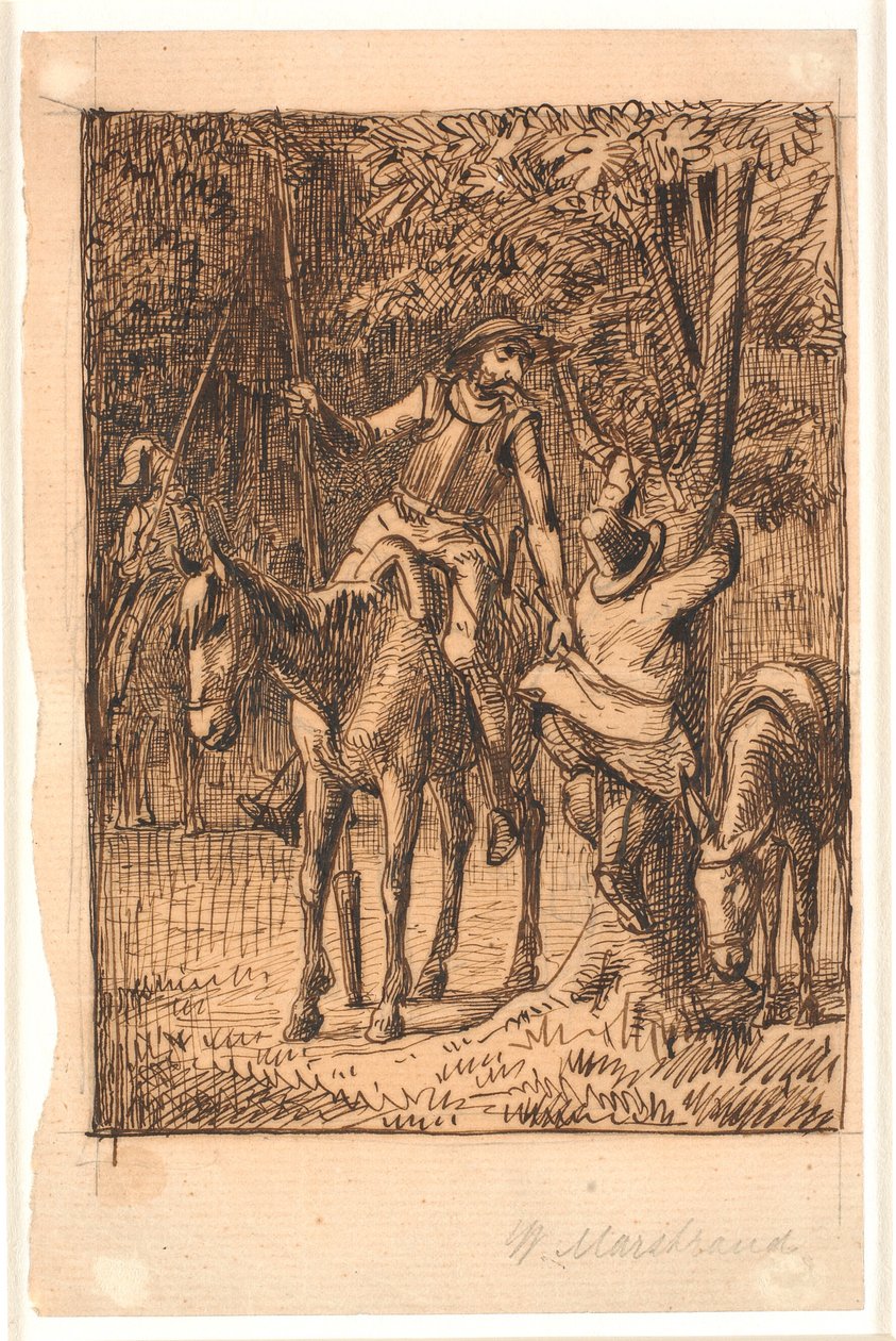 Voor het gevecht met de spiegelridder helpt Don Quichot Sancho Panza in een boom door Wilhelm Marstrand