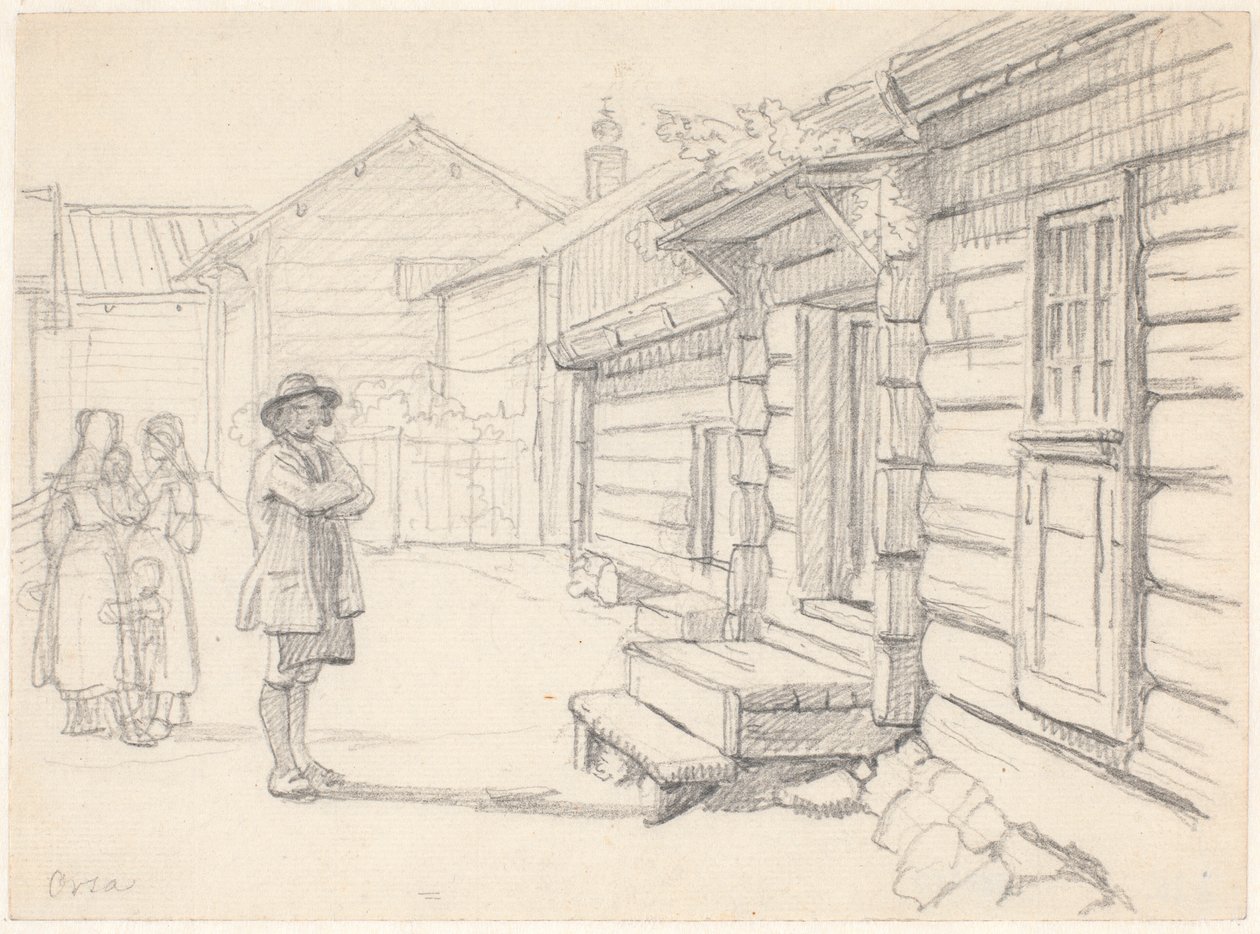 Straat in Orsa, Dalarna, met twee vrouwen links en een kind en een man door Wilhelm Marstrand